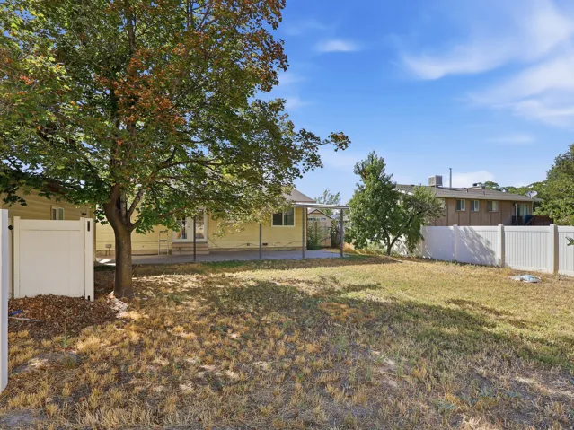Expansive backyard featuring a mature tree, white privacy fencing, and a concrete patio with a covered section