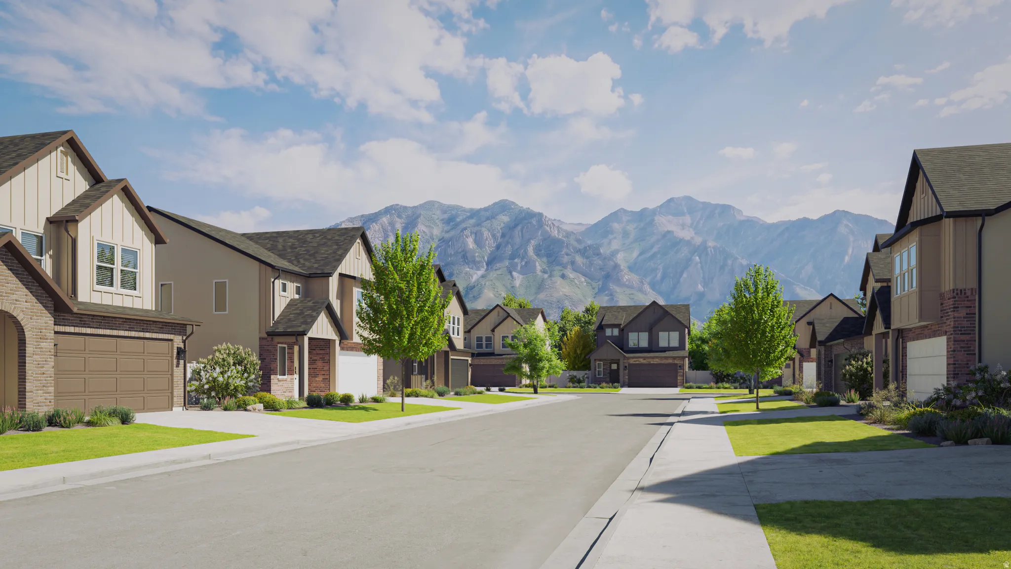 Residential street with varied architectural styles, manicured lawns, mature trees, and a distant mountain backdrop