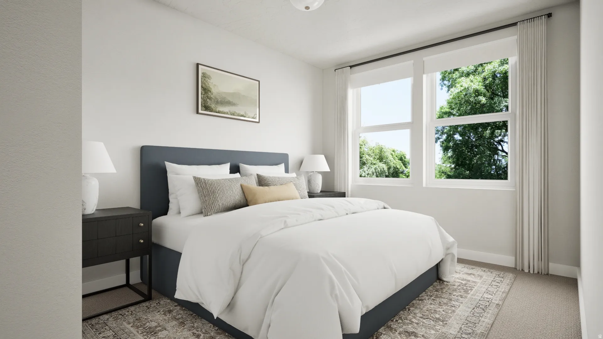 Bright room with dual windows, neutral wall tones, and carpeted flooring