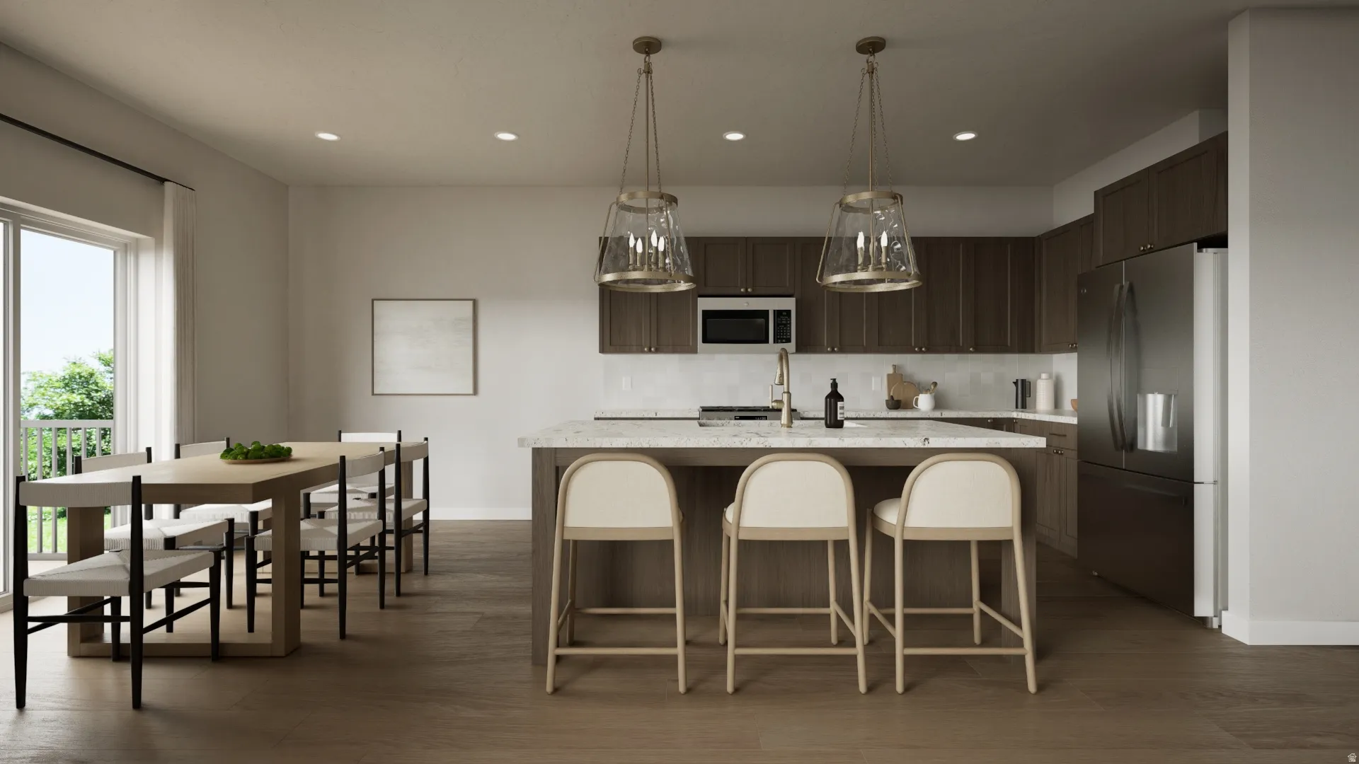 Open-concept living space with wood-finish flooring, a kitchen island with seating, dark wood-finish cabinetry, stainless steel appliances, and a sliding glass door