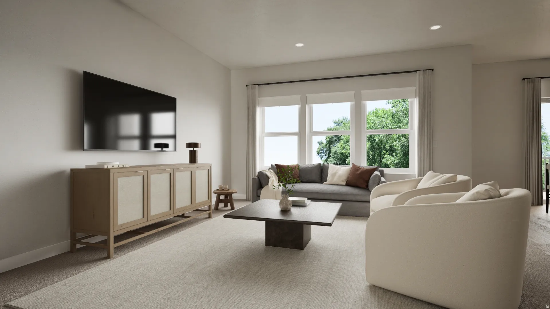 Recessed ceiling lighting, large windows, light-tone walls, and wood-finish flooring