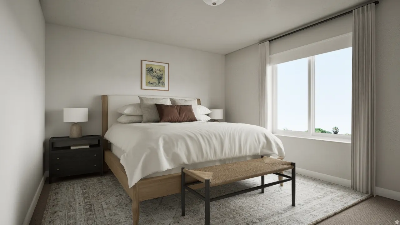 Light-colored walls, wood-finish flooring, and a large window with roller shades