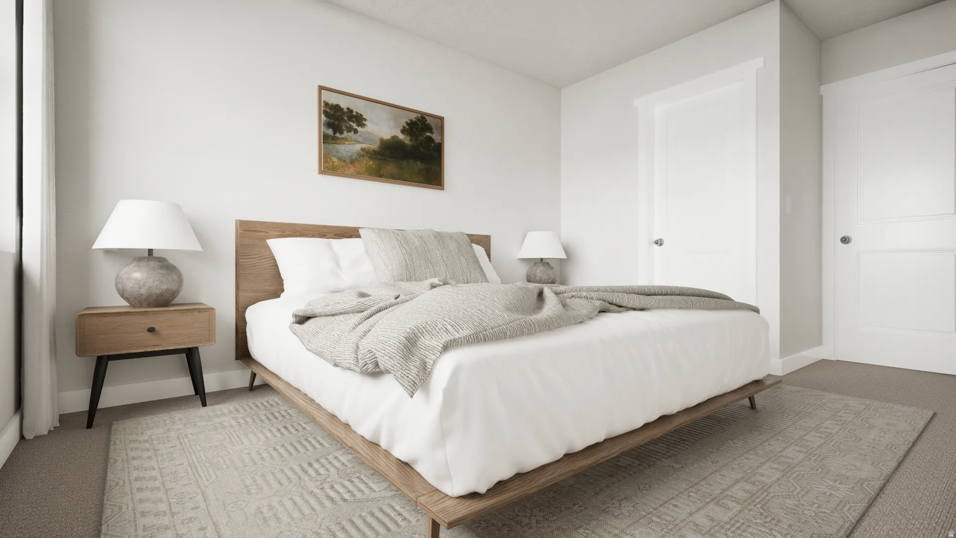 Neutral-toned walls complement the light-colored carpeting