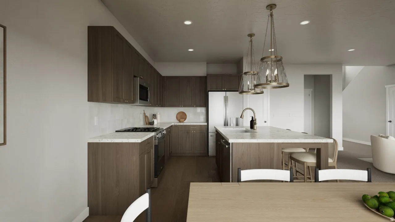 Kitchen featuring wood-finish cabinetry, stainless steel appliances, a white subway tile backsplash, and a large island with an undermount sink