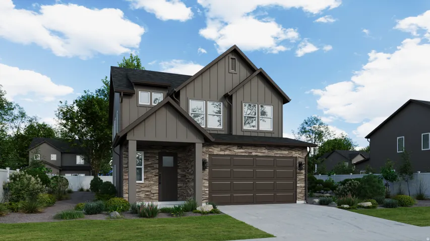 Contemporary exterior featuring board and batten siding, stone veneer accents, an attached two-car garage, covered porch entry, and a paved driveway