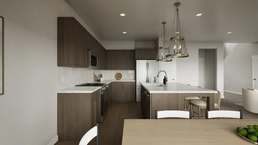 Kitchen featuring wood-finish cabinetry, stainless steel appliances, a white subway tile backsplash, and a large island with an undermount sink