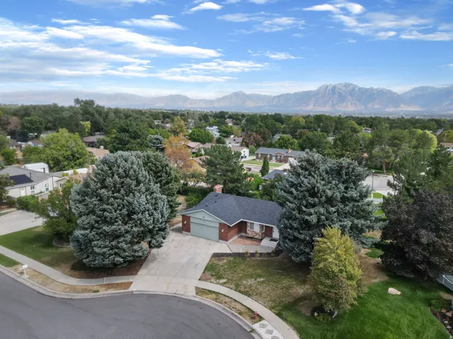 Mountain backdrop, mature trees, residential neighborhood, cul-de-sac street, paved driveway