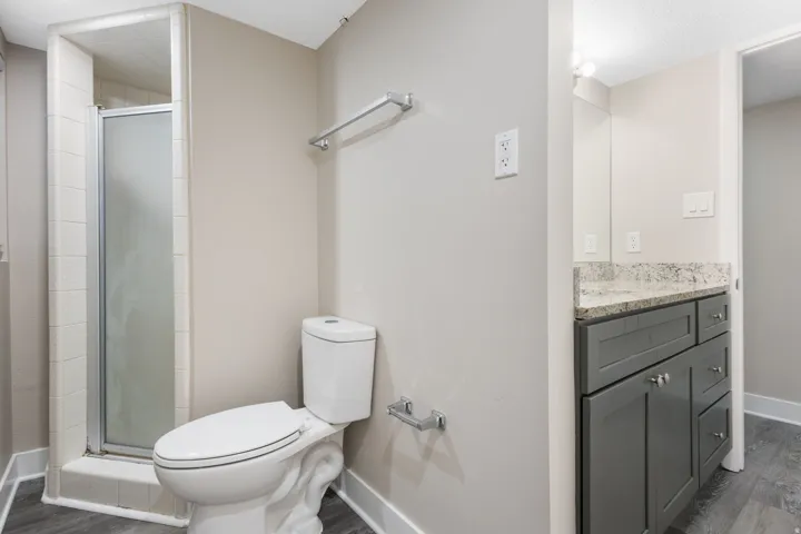 Shower enclosure with frosted glass door, white toilet, gray wood-finish vanity with drawer storage, light speckled countertop, and wood-finish flooring