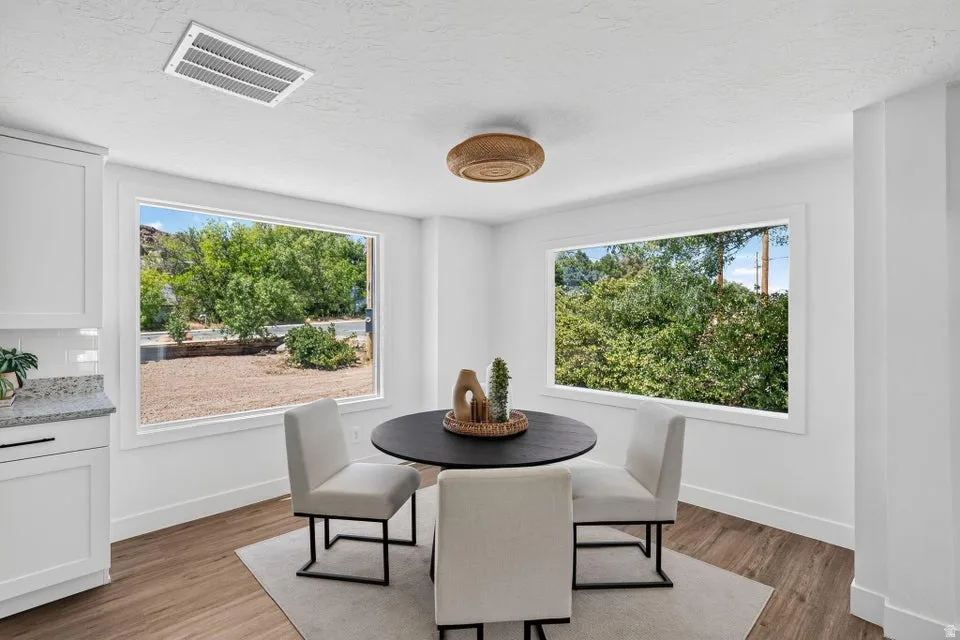 White cabinetry with granite countertop, wood-finish flooring, two large windows, and a ceiling-mounted light fixture