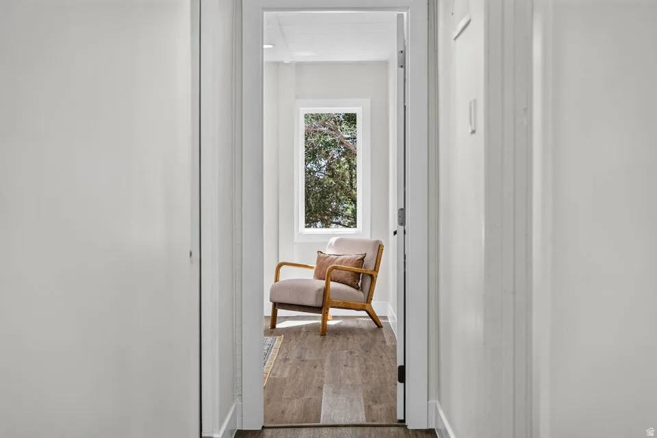 Recessed window with wood-finish flooring