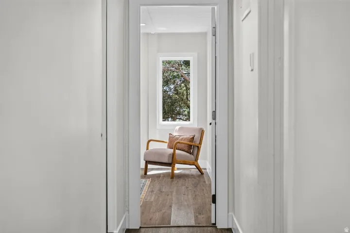 Recessed window with wood-finish flooring