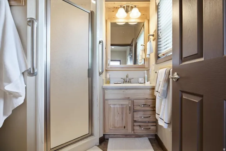 Frosted glass shower enclosure with grab bars