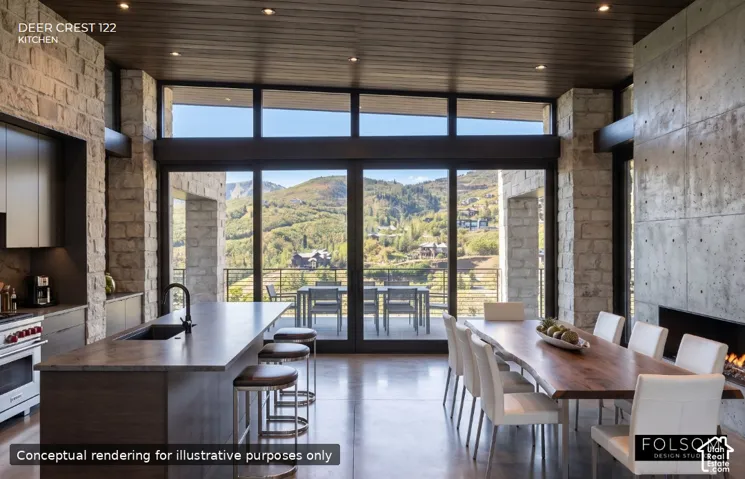 Modern kitchen and dining area featuring a built-in fireplace, concrete accent wall, stone columns, dark wood ceiling, and floor-to-ceiling glass doors