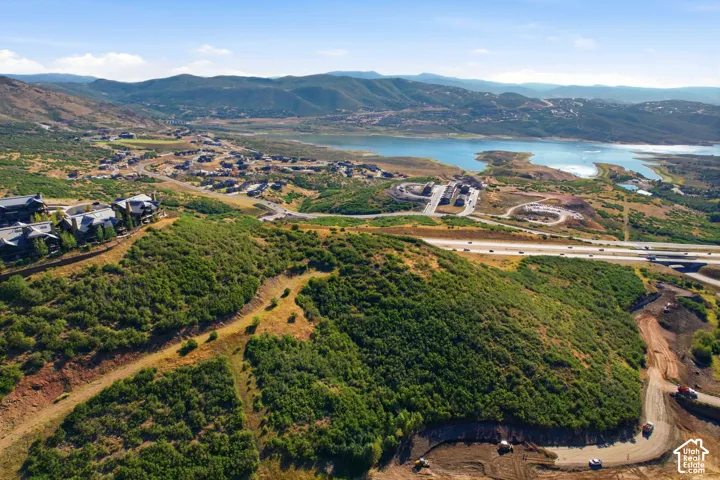 Expansive natural terrain featuring green foliage, distant water body, and mountainous background