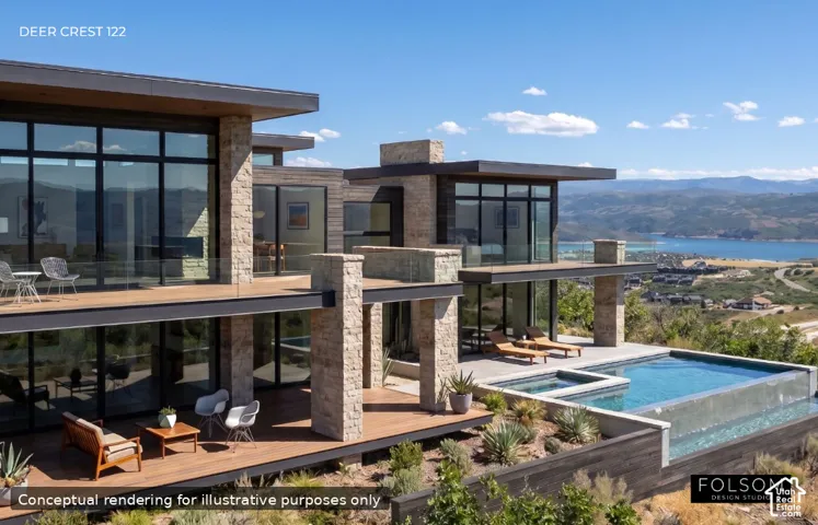 Contemporary multi-level residence featuring expansive window walls, stone veneer accents, and multiple outdoor decks with glass railings