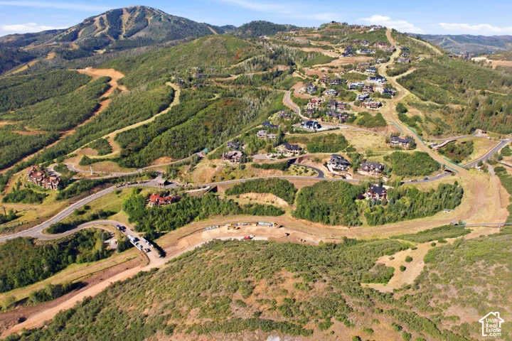 Mountainous terrain with numerous residential properties, winding roads, and extensive green space