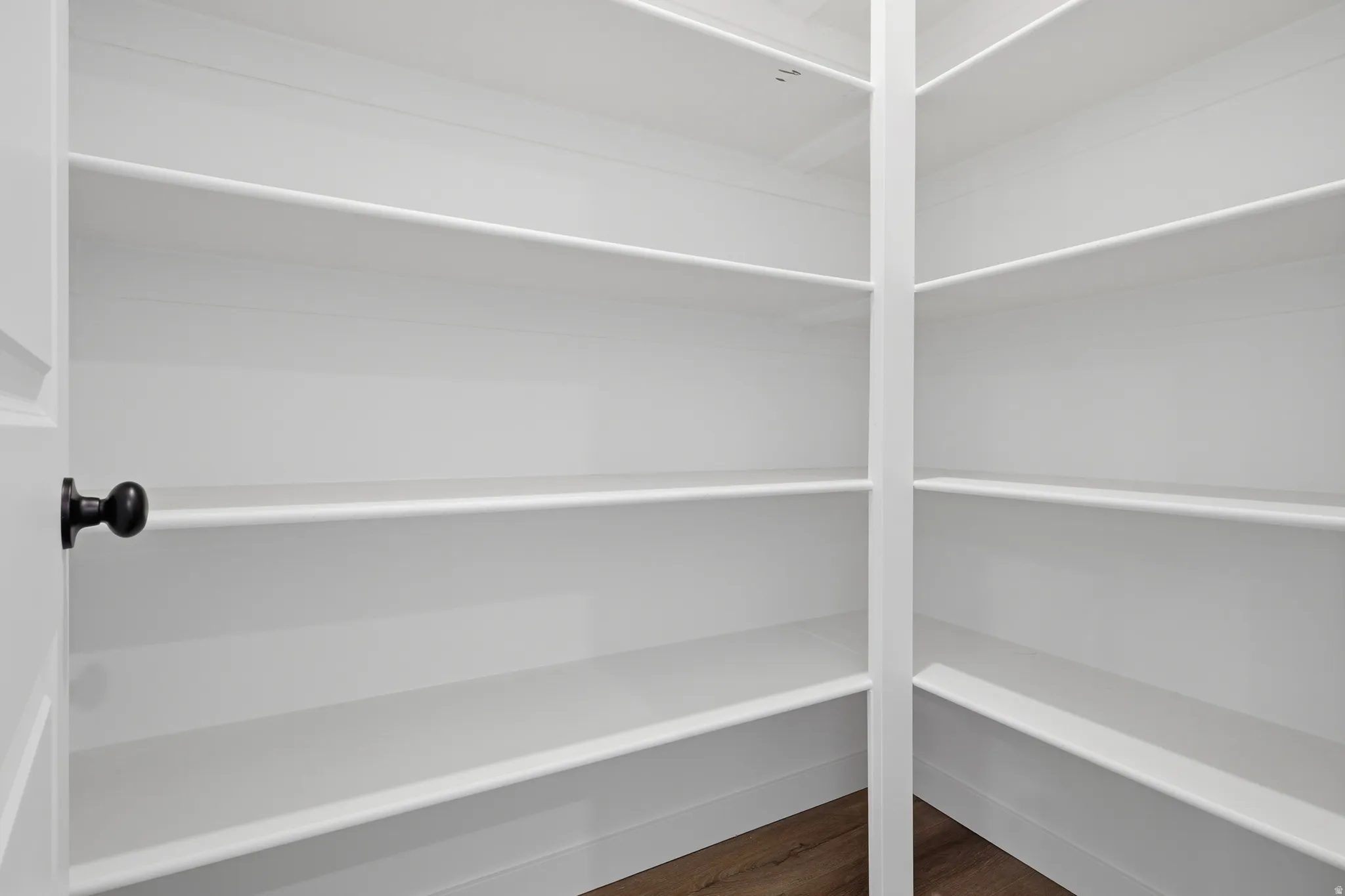 Walk-in pantry with extensive white shelving, wood-finish flooring, and a white paneled door with a black knob