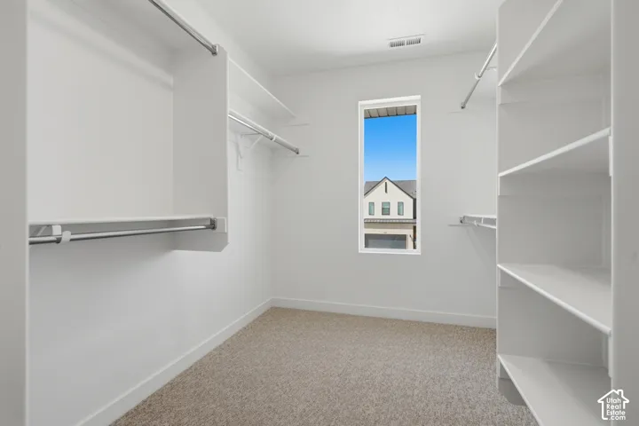 Carpeted closet space featuring built-in shelving, hanging rods, and a window for natural light