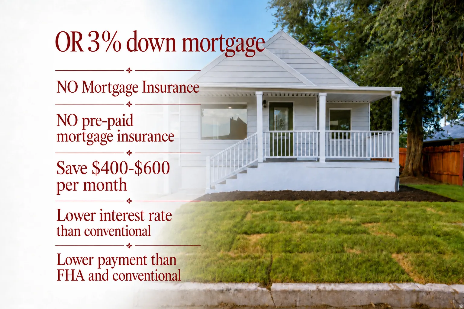 Mortgage Program Advertisement. Highlighting features of a 3% down mortgage option including insurance details, potential monthly savings, and comparisons to conventional and FHA loans