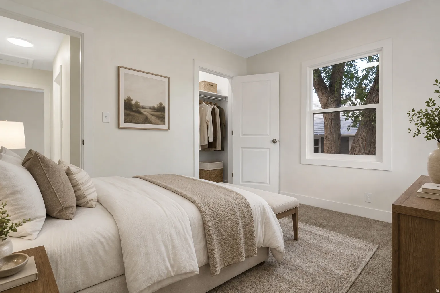 Bedroom 1 - Virtual staging. None of the items are in the room.