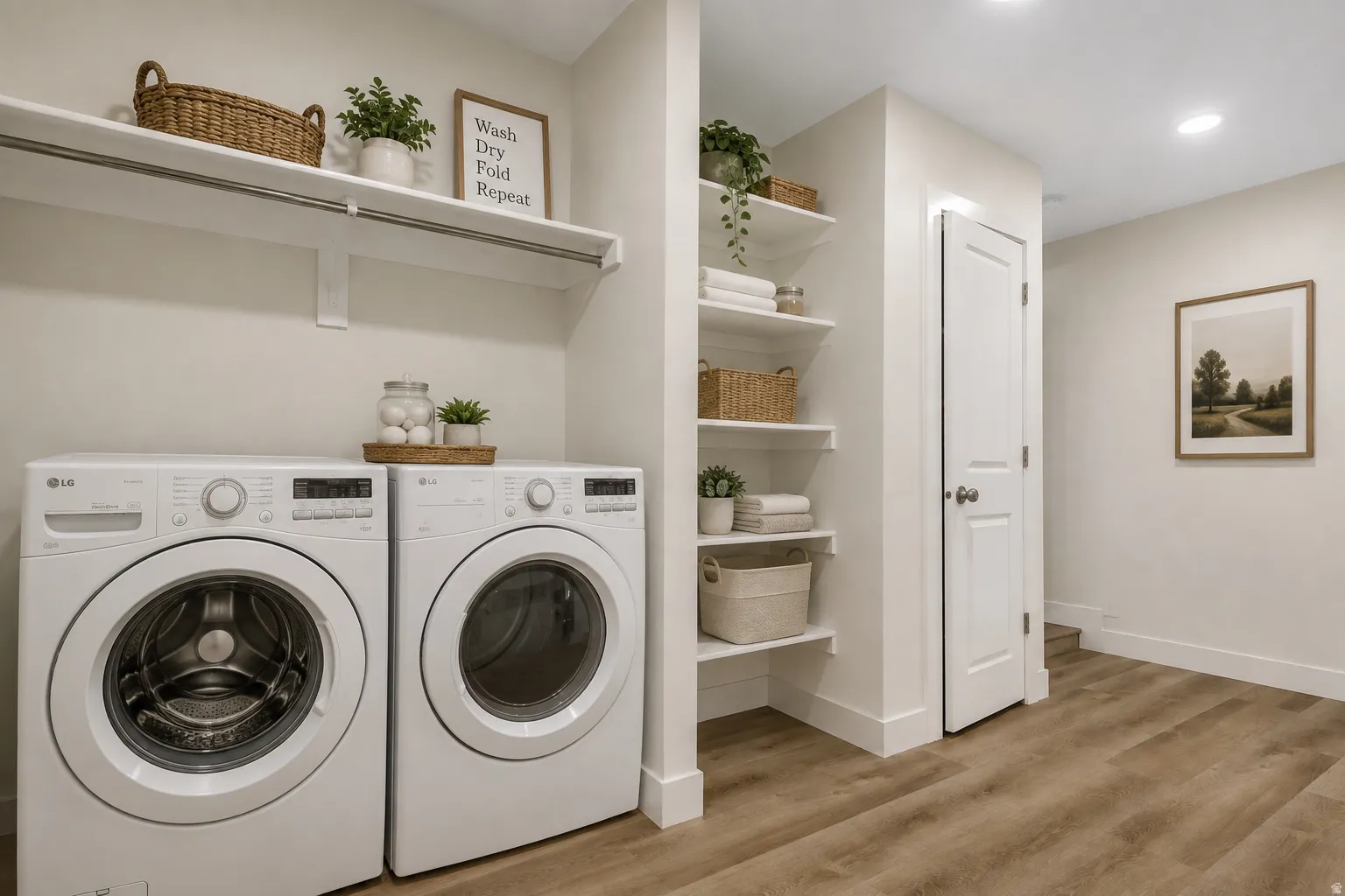 Virtual staging. The decorations NOR the laundry machines are NOT at the property, Laundry machines are not included.
