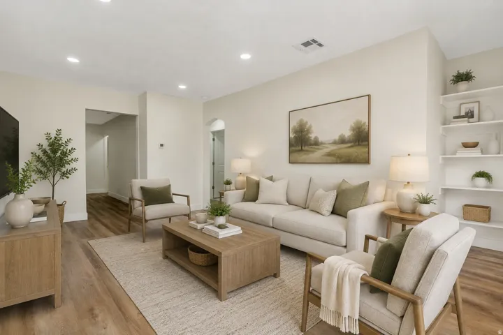 Virtual staging. None of the items ni the picture are at the property  Neutral wall tones