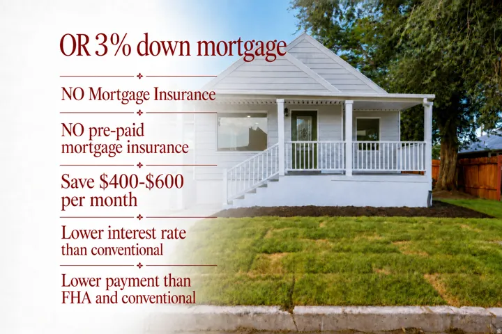 Mortgage Program Advertisement. Highlighting features of a 3% down mortgage option including insurance details, potential monthly savings, and comparisons to conventional and FHA loans