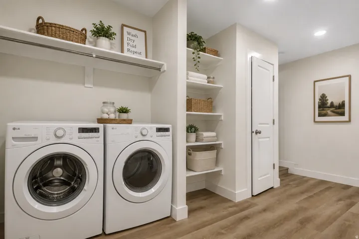 Virtual staging. The decorations NOR the laundry machines are NOT at the property, Laundry machines are not included.
