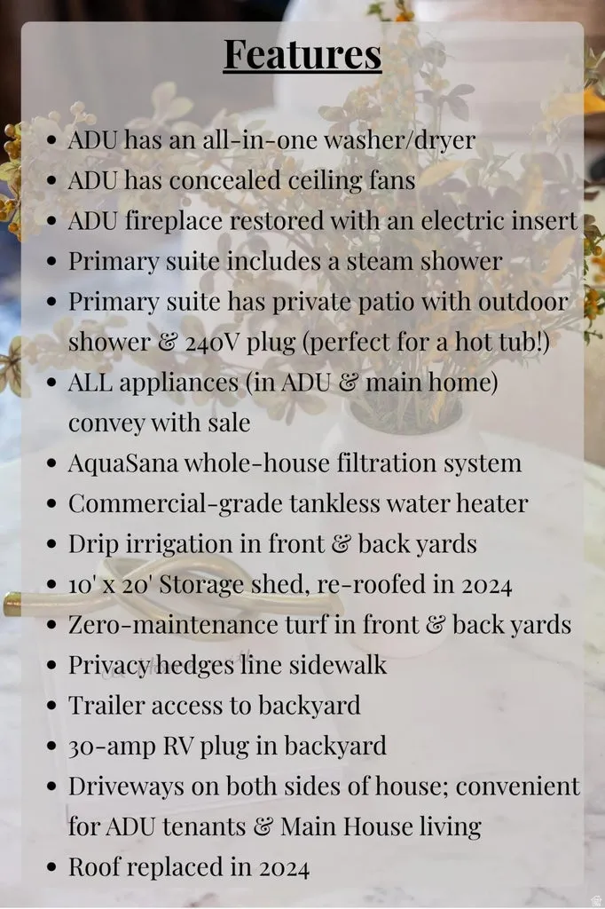 Property Features List. Itemizing included amenities, structural components, and recent upgrades to the property