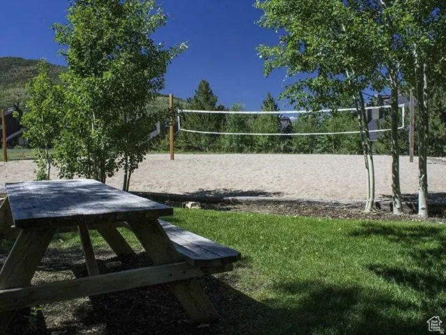 Sand volleyball court with net, adjacent to a wooden picnic table, and surrounded by mature trees and natural landscaping