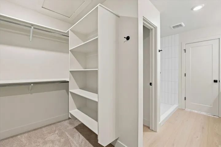 Walk-in closet with built-in shelving, hanging rods, and carpet flooring