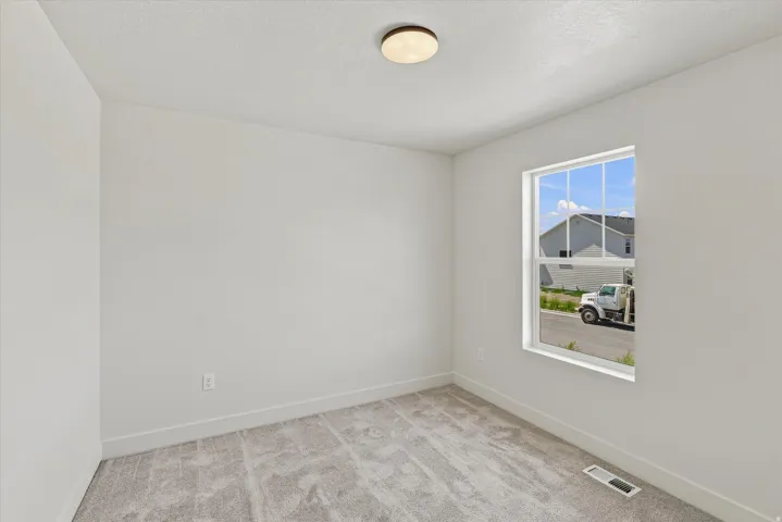 Light-filled room featuring neutral wall finishes, plush carpeting, and a flush-mount ceiling light fixture
