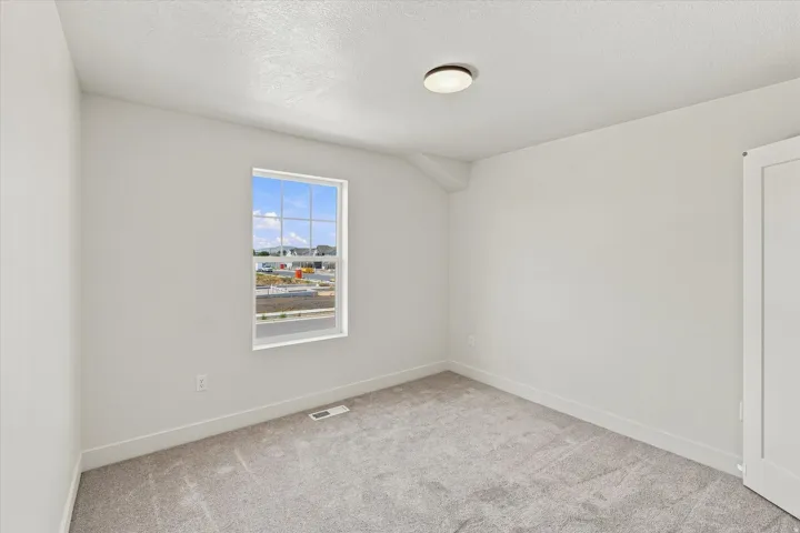 Light gray carpeting, white walls, flush mount ceiling light, and a white framed window