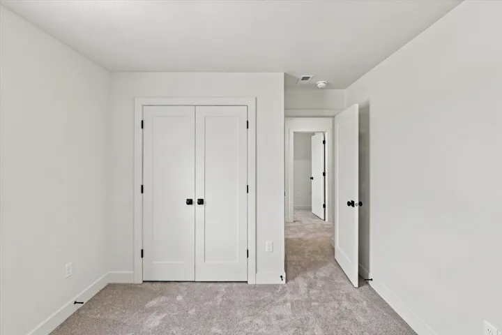 Neutral wall finishes and light-toned carpeting define this space, featuring white paneled doors with contrasting black hardware