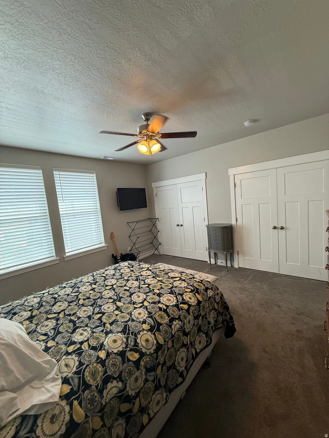 Carpeted flooring, two windows with blinds, a ceiling fan with integrated lighting, and white paneled wardrobe doors