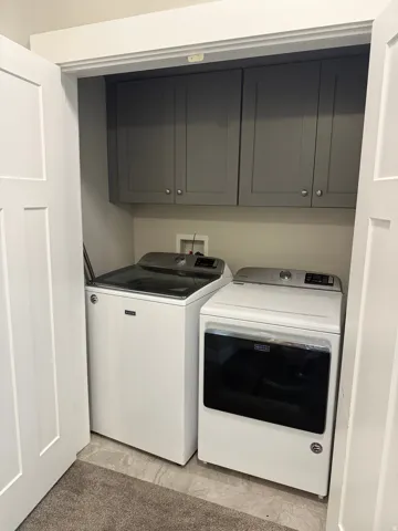 Enclosed laundry area featuring overhead cabinetry, a durable flooring surface, and paneled doors