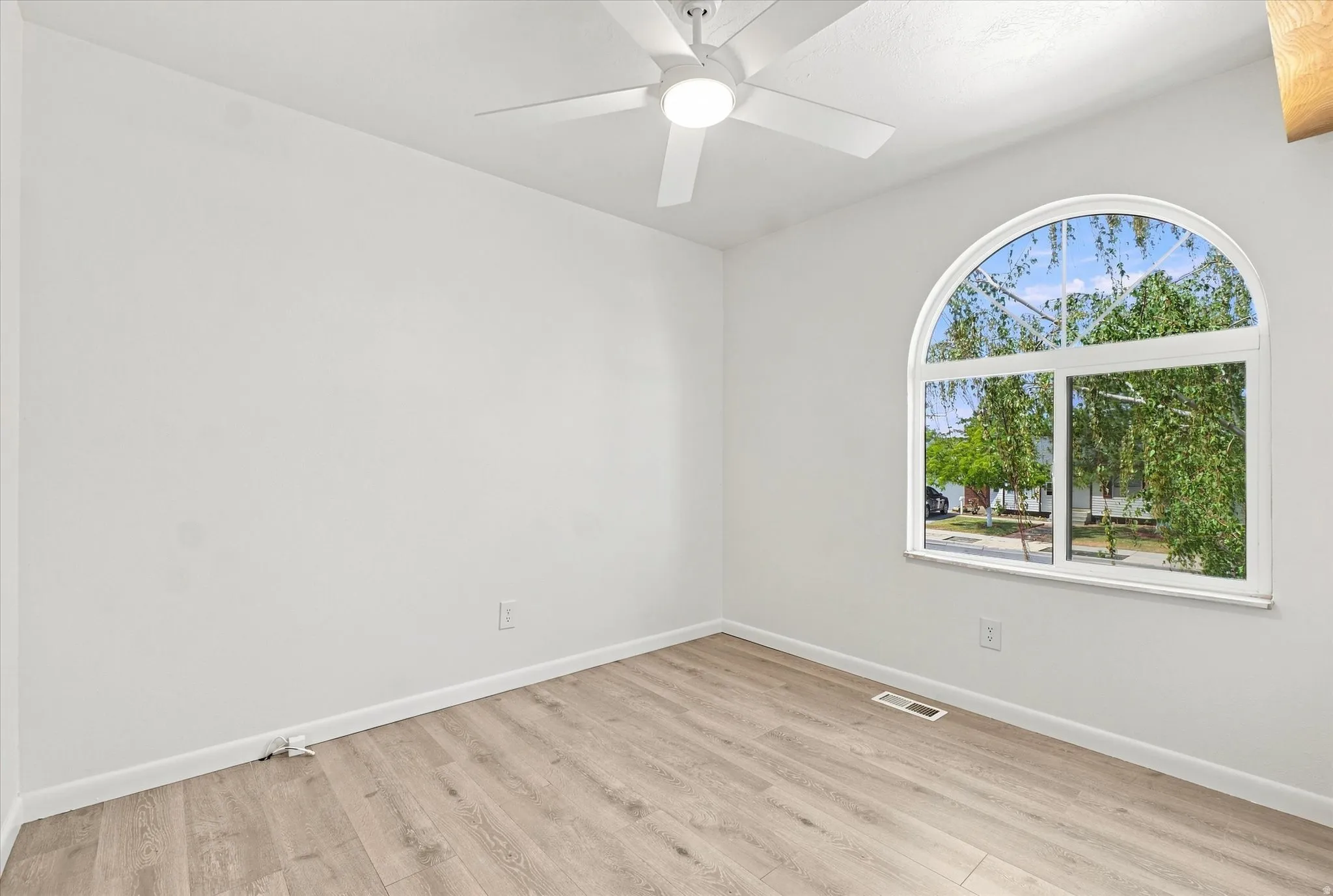 Arch-top window, wood-finish flooring, white walls, and a ceiling fan