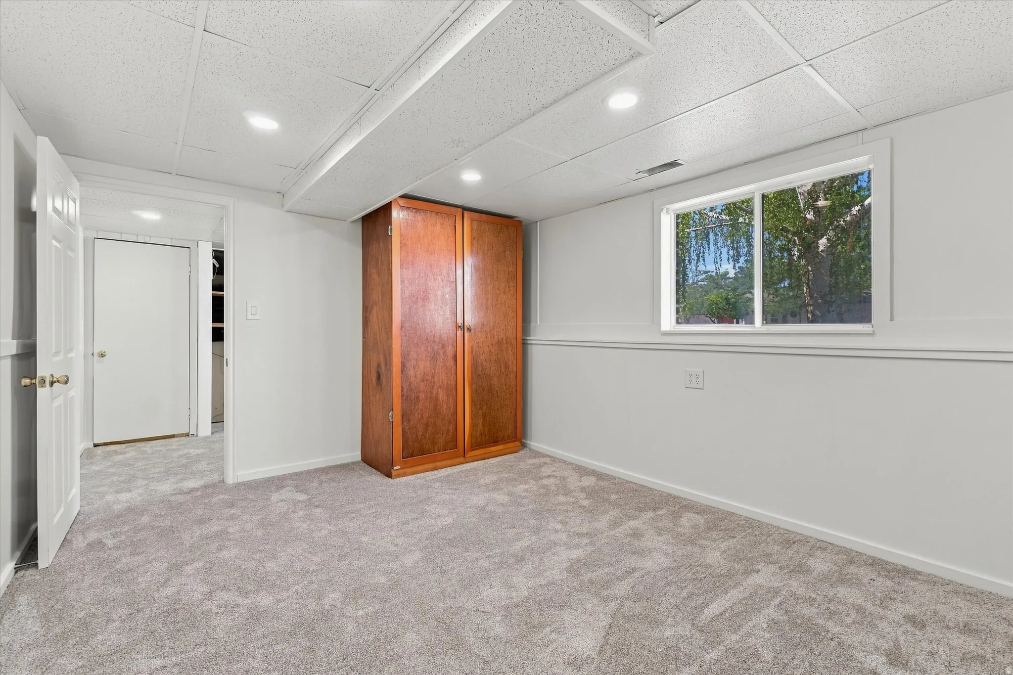 Plush carpeted flooring, a built-in wood cabinet, and a white framed window