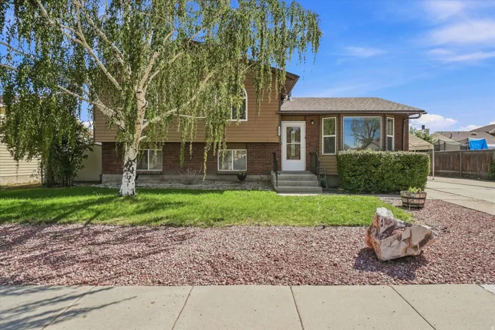 Split-level exterior with brick and siding facade, mature front yard tree, bay window, and a concrete driveway