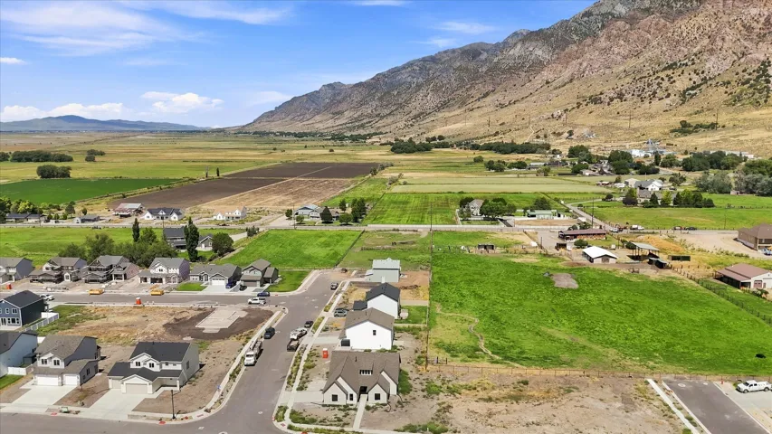 Expansive valley setting with mountain backdrop, residential development, and agricultural fields