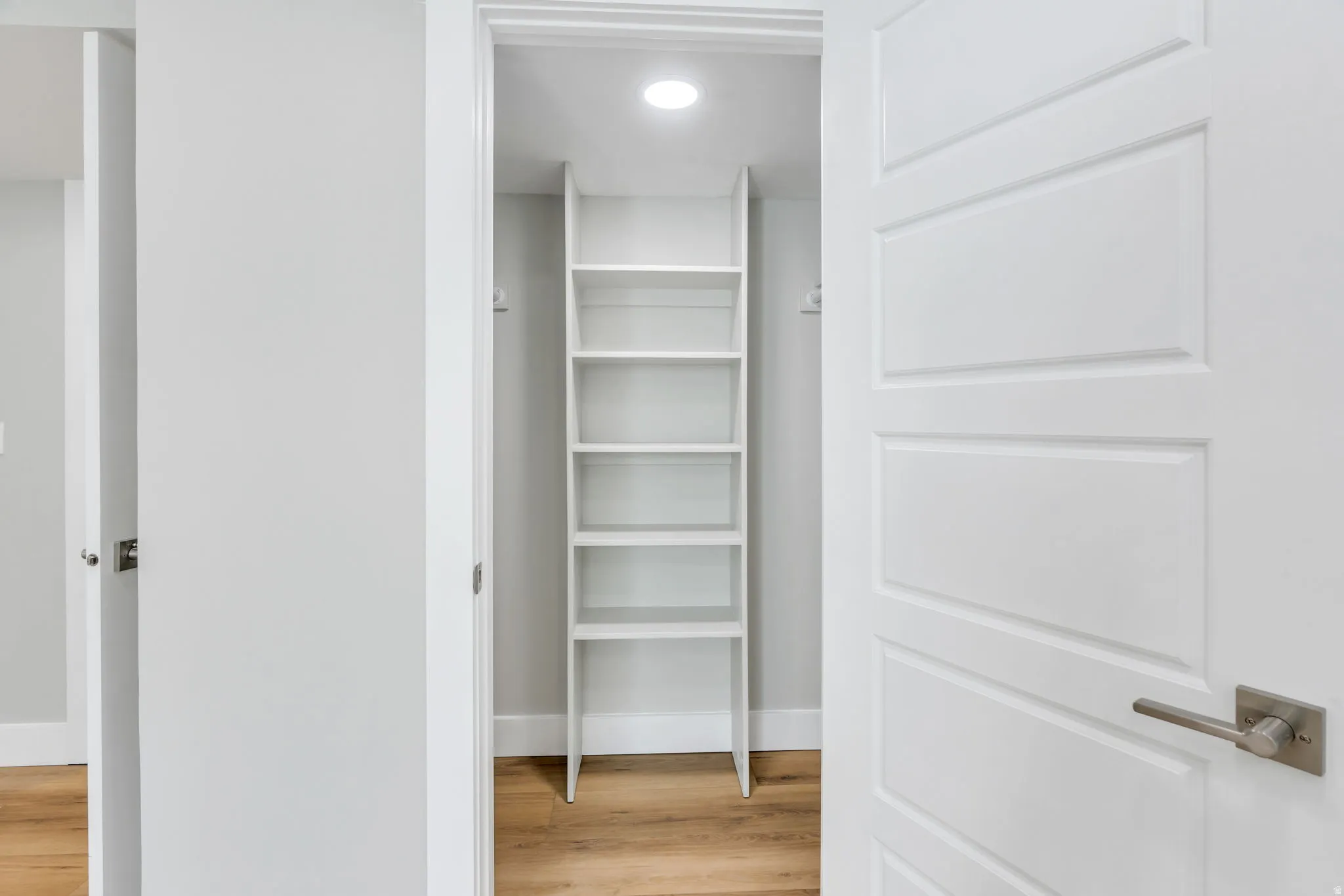 Recessed lighting, wood-finish flooring, white built-in shelving, paneled door, and brushed nickel hardware