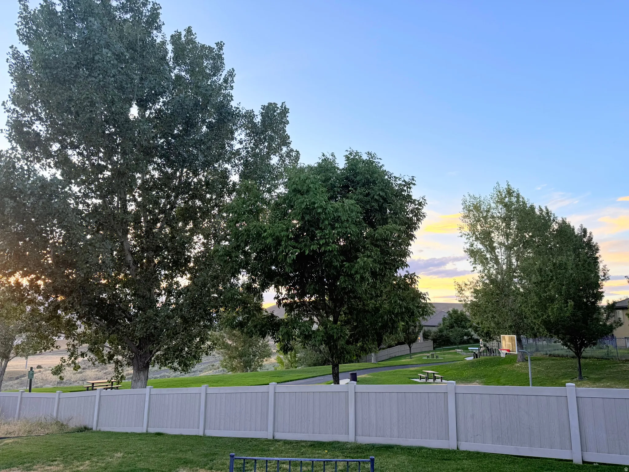 Fenced property line with a manicured lawn, established trees, and open green space beyond