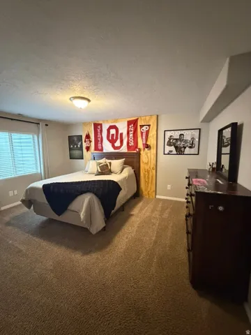 Spacious bedroom with carpet flooring, recessed ceiling lighting, and large window with blinds