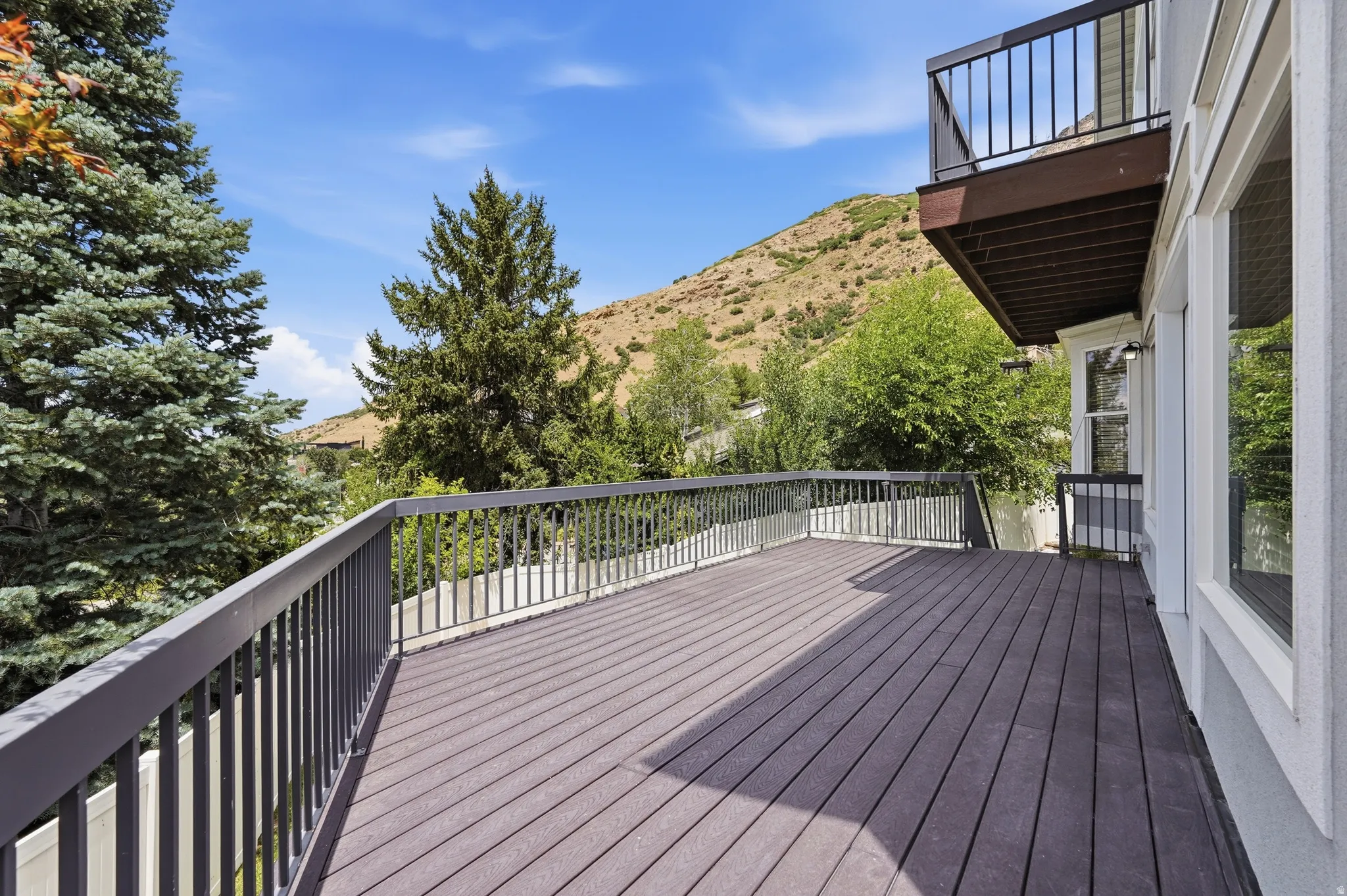 Expansive outdoor deck with composite decking and dark metal railings