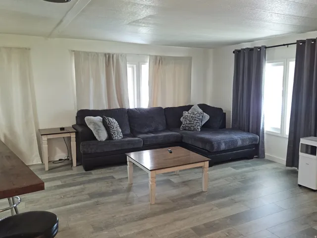 Light gray wood-finish flooring with white baseboards and light-toned walls