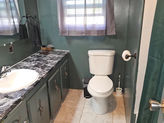 White oval basin with a chrome faucet, set into a dark patterned countertop