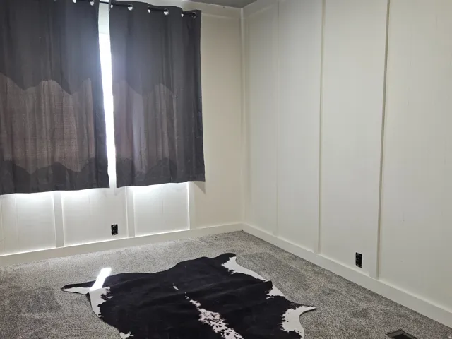 Wall paneling with vertical detailing, light-toned carpeting, and a window with dark drapery