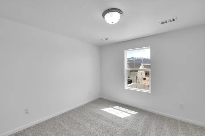 Neutral white wall paint, light gray carpet, and a window with mountain scenery