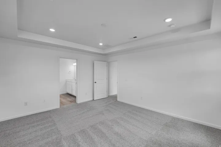 Tray ceiling with recessed lighting, light gray carpet flooring, white walls, and white paneled doors