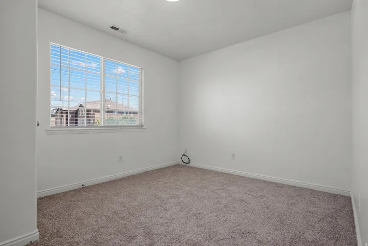 Neutral wall paint, carpet flooring, window with blinds, and ceiling light fixture